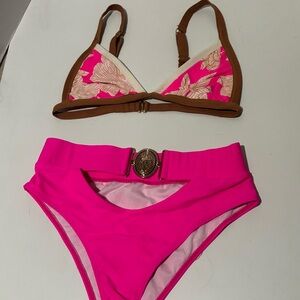 Reversible Pink Floral Trim Two-Piece Women's Swim Set